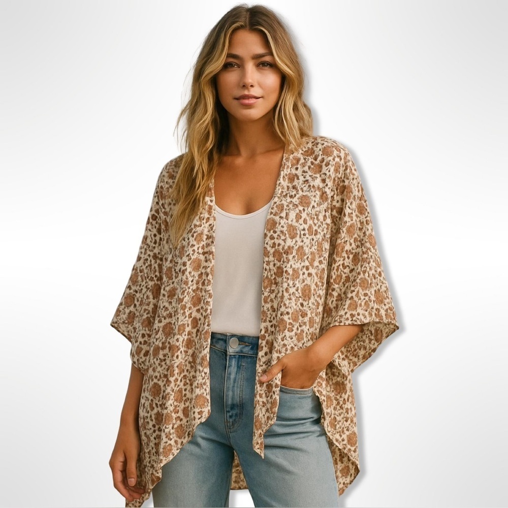 Amuse Society White and Brown Gauze Kimono - Size M/L